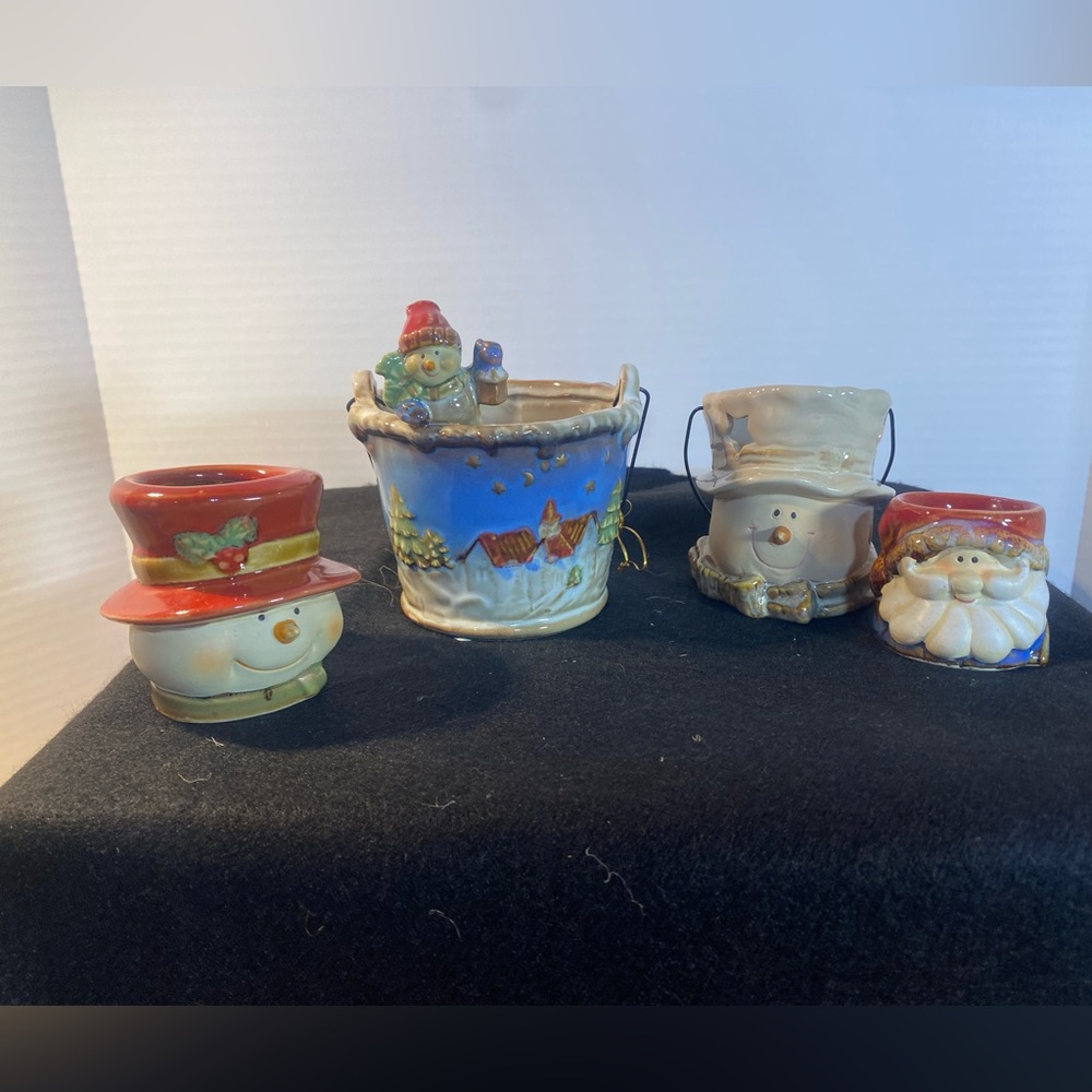Festive Snowman and Santa decor Candle Holders and buckets